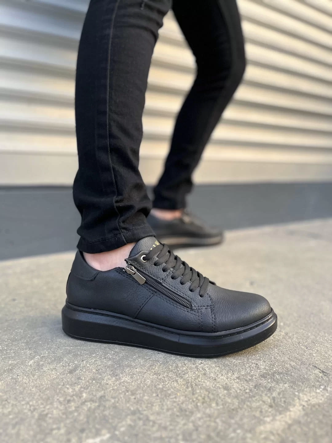 JY155 Warrior Bağcıklı ve Fermuarlı Cilt Erkek Günlük Sneaker Ayakkabı CST - Siyah