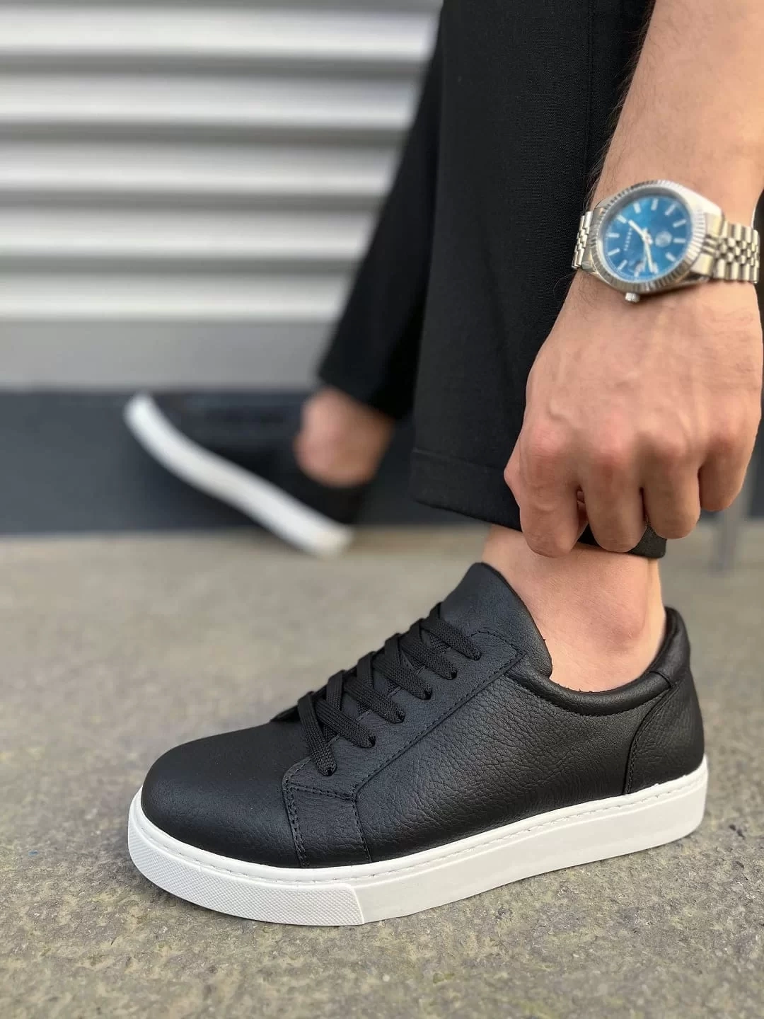 JY165 Elite Bağcıklı Cilt Erkek Günlük Sneaker Ayakkabı CBT - Siyah