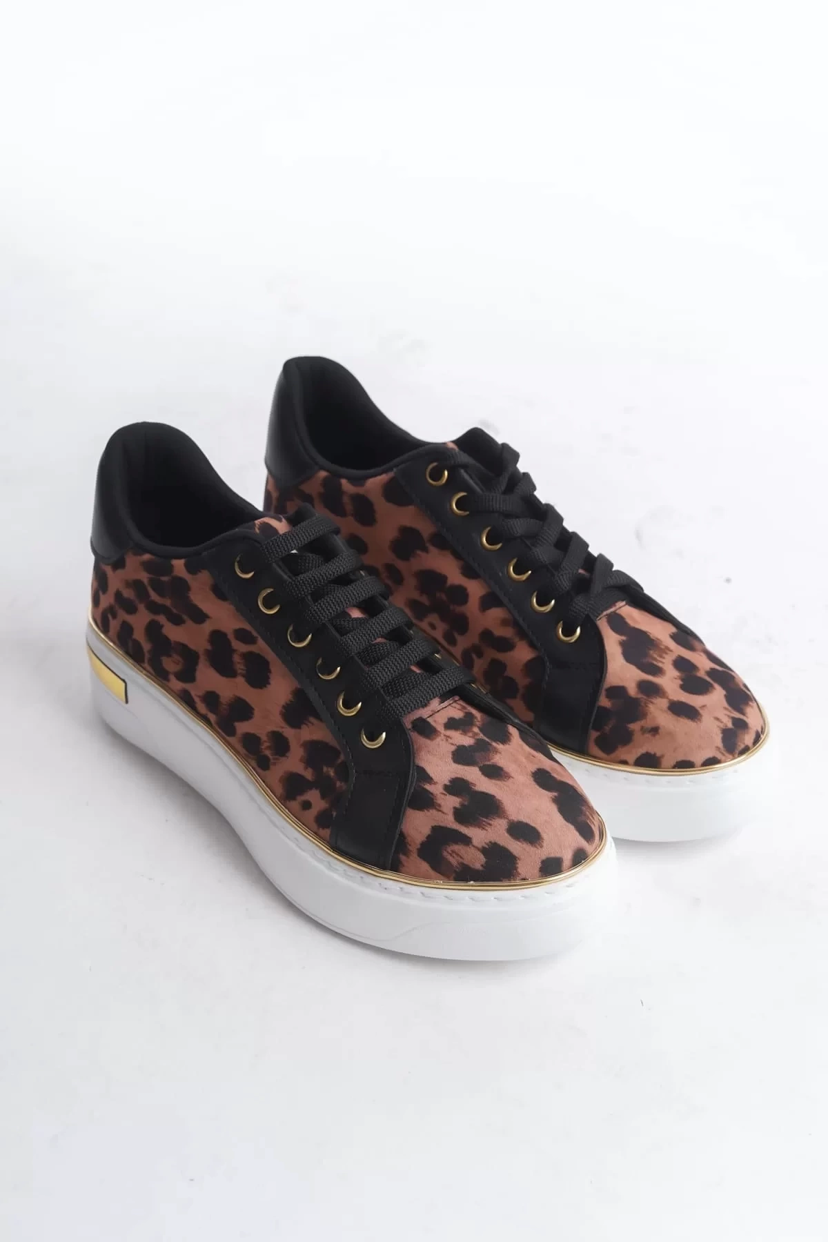 MINA Bağcıklı Ortopedik Taban Leopar Desenli Kadın Sneaker Spor Ayakkabı  BT - Kahverengi