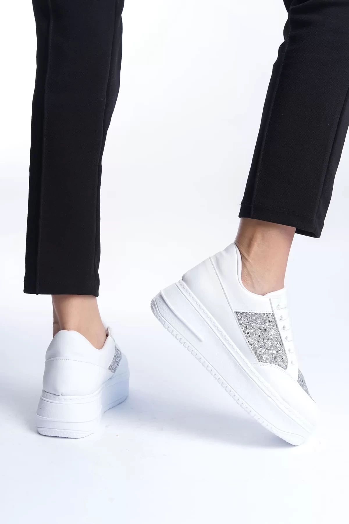 MIPA Bağcıklı Ortopedik Taban Simli Kadın Sneaker Spor Ayakkabı  BT - Beyaz