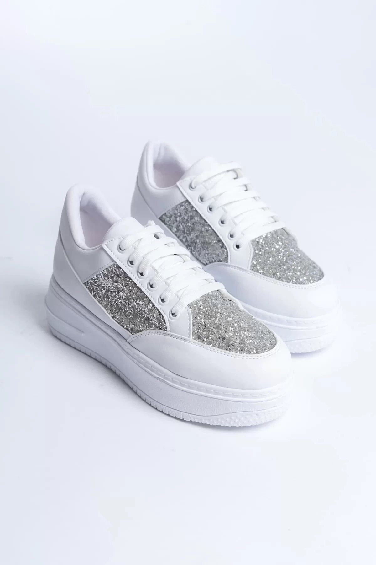 MIPA Bağcıklı Ortopedik Taban Simli Kadın Sneaker Spor Ayakkabı  BT - Beyaz