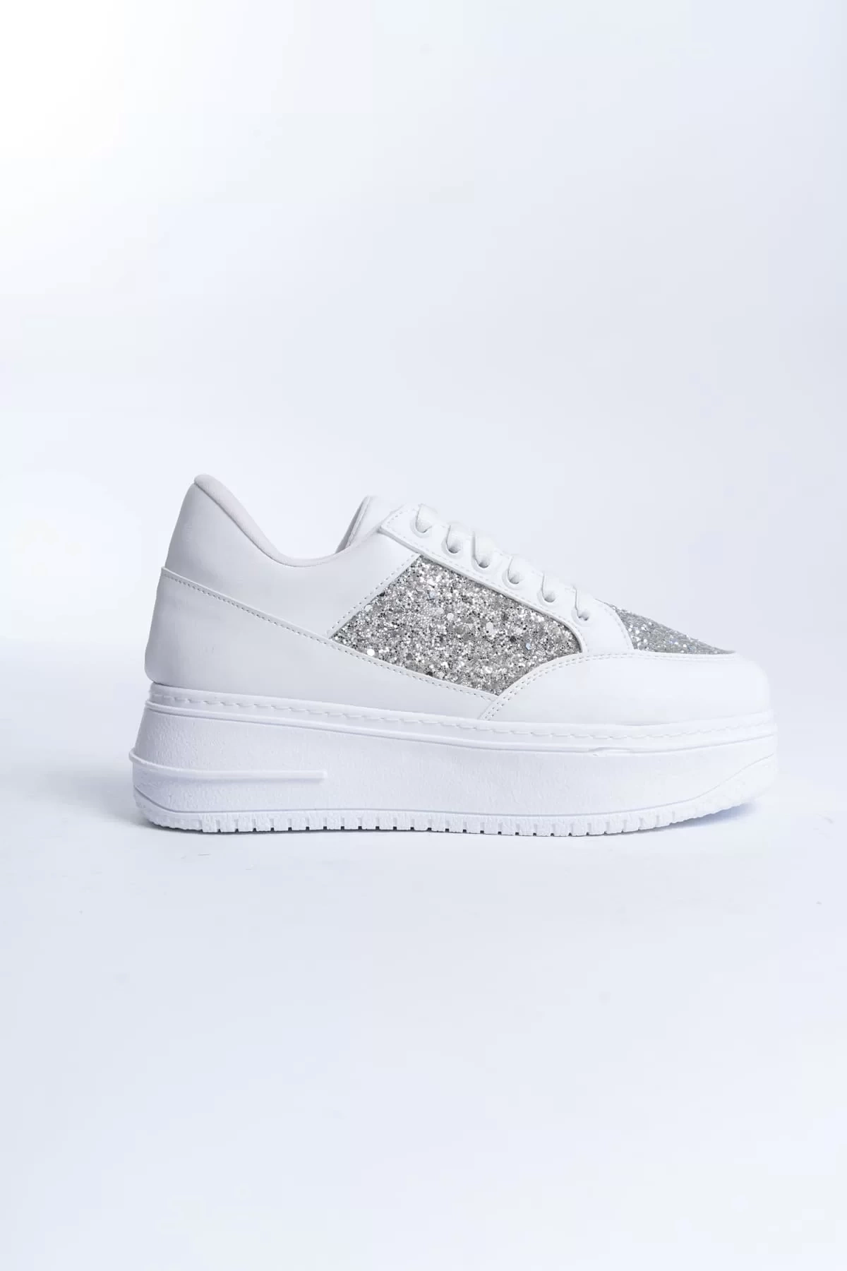 MIPA Bağcıklı Ortopedik Taban Simli Kadın Sneaker Spor Ayakkabı  BT - Beyaz