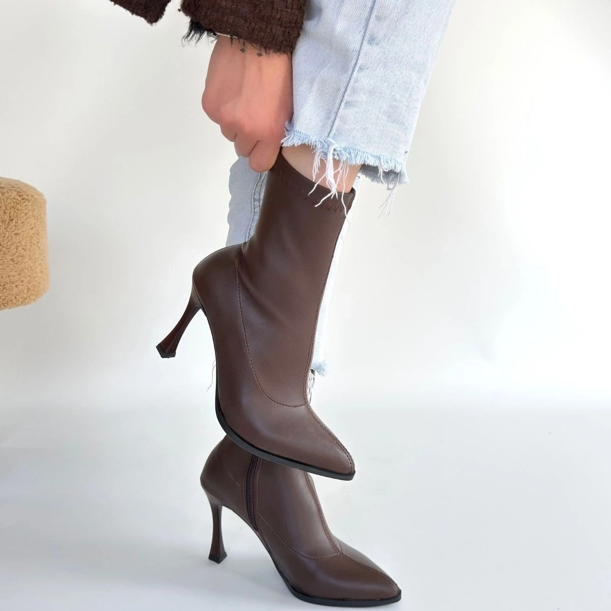 Orjen Kahverengi Cilt Streç Topuklu Bot