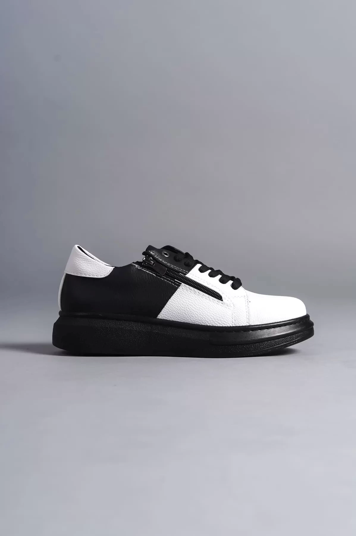SLW155 Warrior Bağcıklı ve Fermuarlı Cilt Erkek Günlük Sneaker Ayakkabı CST - Siyah/Beyaz