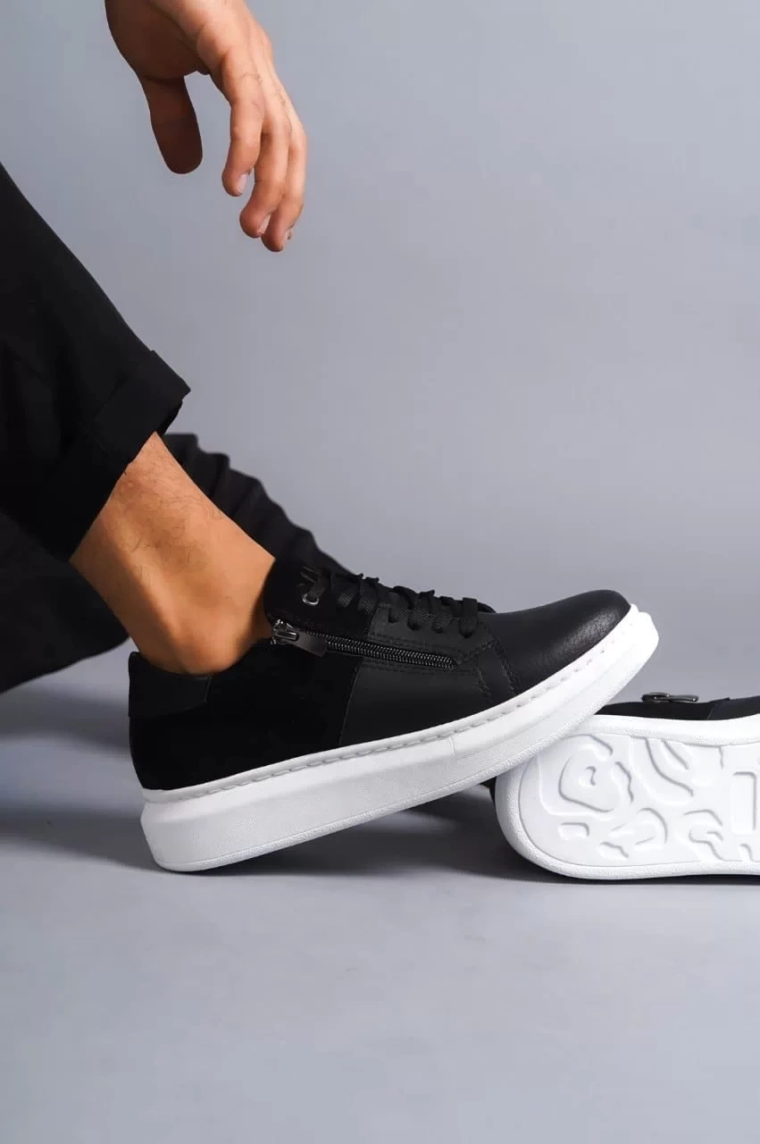 SLW155 Warrior Bağcıklı ve Fermuarlı Cilt Süet Erkek Günlük Sneaker Ayakkabı CSBT - Siyah