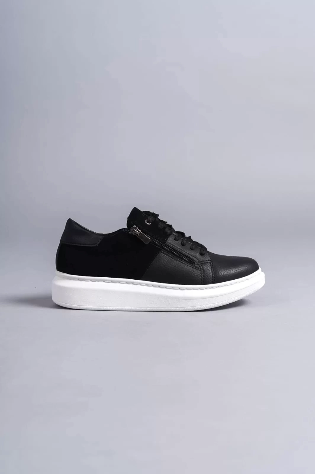SLW155 Warrior Bağcıklı ve Fermuarlı Cilt Süet Erkek Günlük Sneaker Ayakkabı CSBT - Siyah
