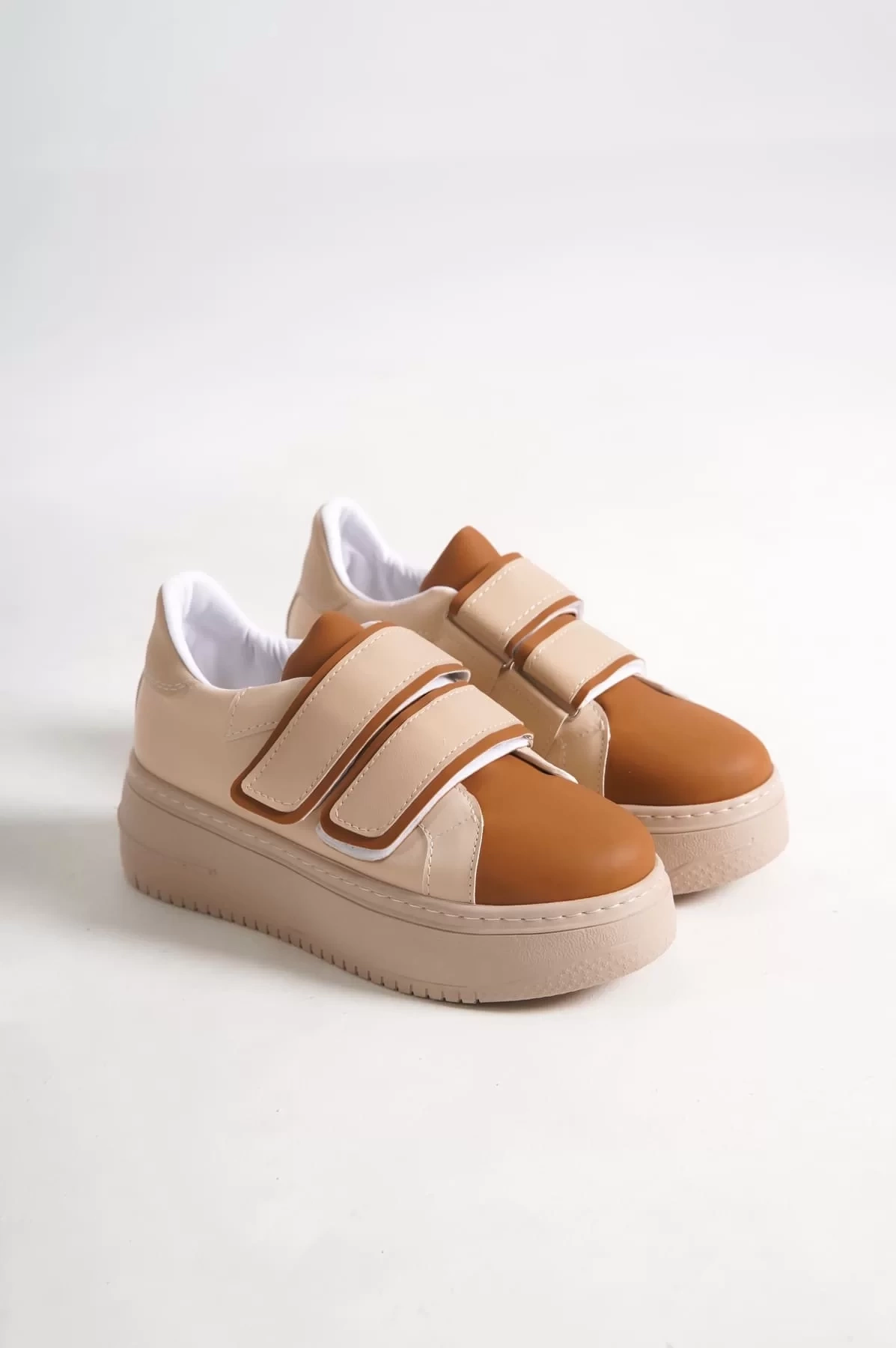 VALENCIA Bağcıksız Cırt Cırtlı Ortopedik Taban Kadın Sneaker Spor Ayakkabı TT - Ten/Kahve