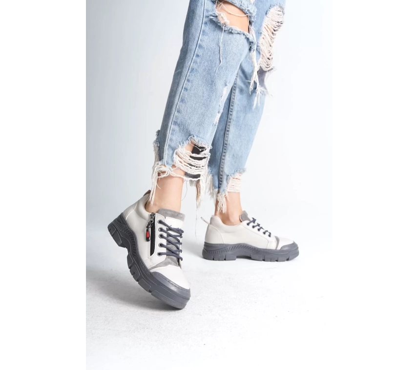 AGATHA Bağcıklı Fermuarlı Ortopedik Taban Kadın Sneaker Spor Ayakkabı GT - Krem
