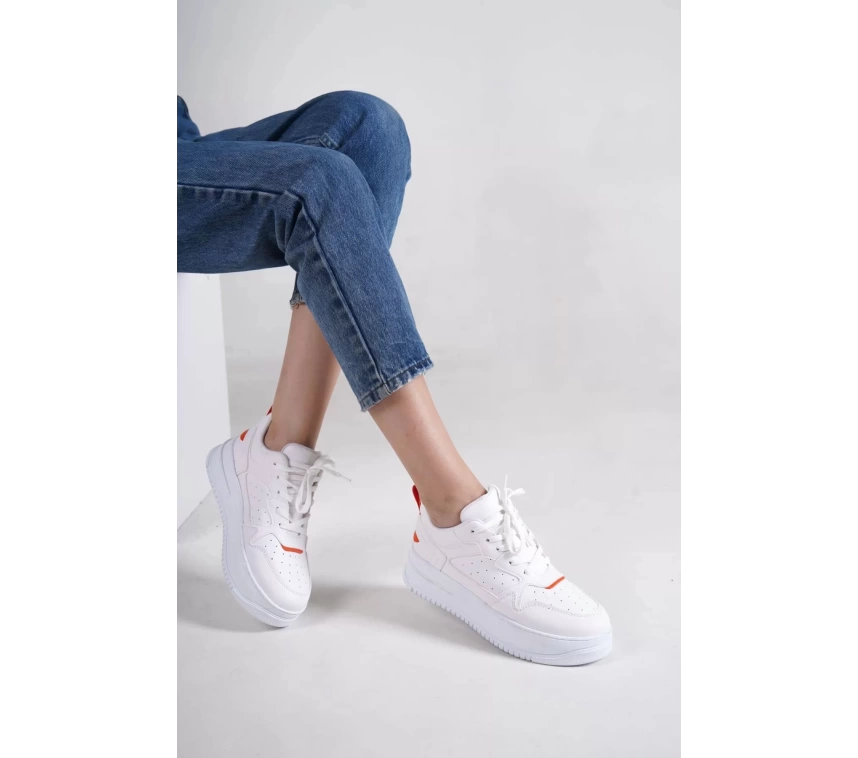 ALESSI Bağcıklı Ortopedik Taban Kadın Sneaker Spor Ayakkabı BT - Beyaz/Turuncu