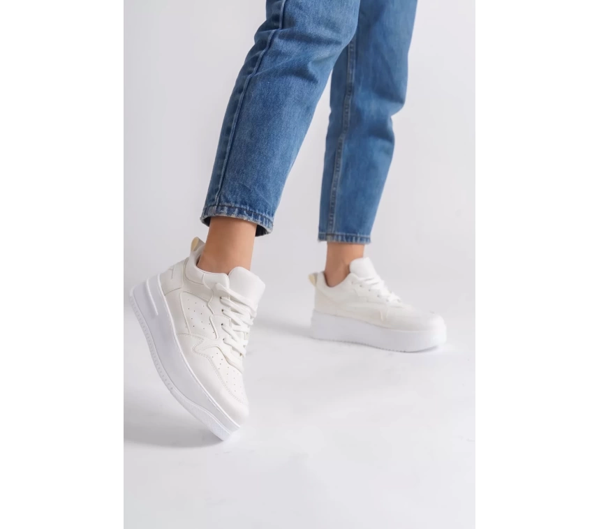 ALESSI Bağcıklı Ortopedik Taban Kadın Sneaker Spor Ayakkabı BT - Kırık Beyaz