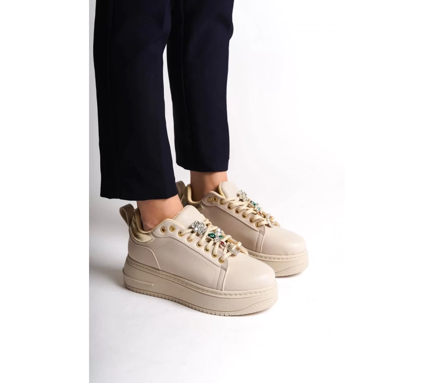 BRIANNA Bağcıklı Ortopedik Taban Renkli Taş Dekorlu Kadın Sneaker Spor Ayakkabı  CKT - Krem/Altın