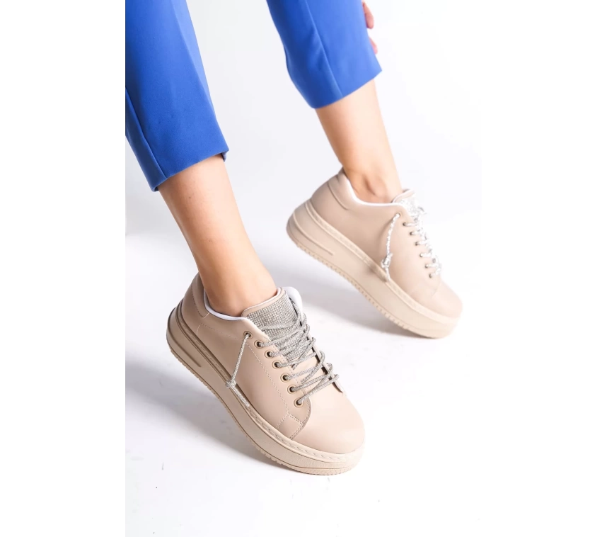 DELLA Bağcıklı Ortopedik Taban Taşlı Kadın Sneaker Spor Ayakkabı TT - Ten