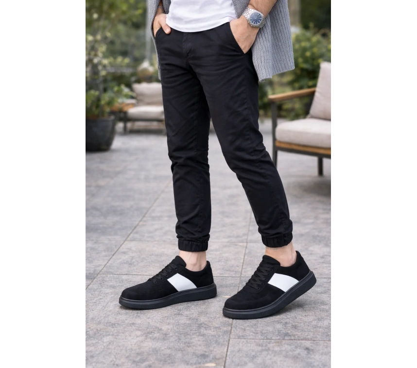 JY-011 Erkek Günlük Bağcıklı Süet Spor Sneaker Ayakkabı SST - Siyah/Beyaz