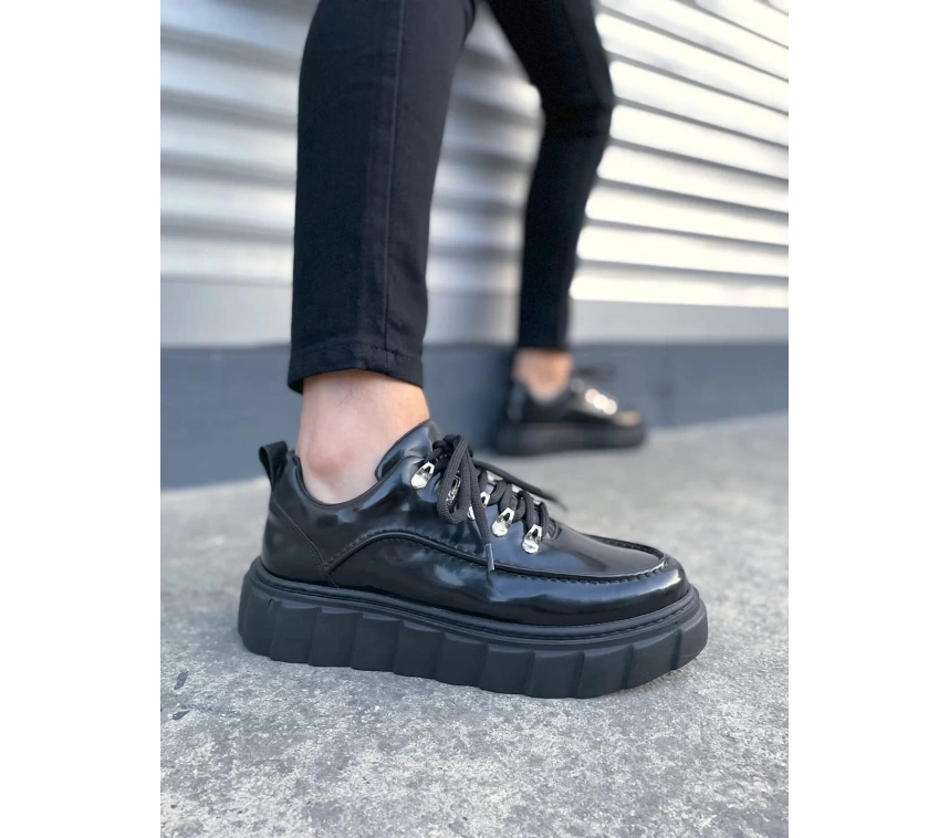 JY010 Cloud Bağcıklı Rugan Erkek Günlük Sneaker Ayakkabı RST - Siyah