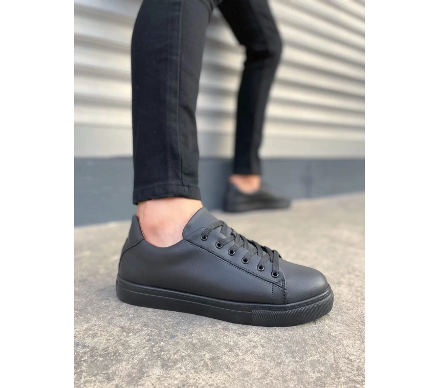 JY122 Mode Bağcıklı Cilt Erkek Günlük Sneaker Ayakkabı CST - Siyah