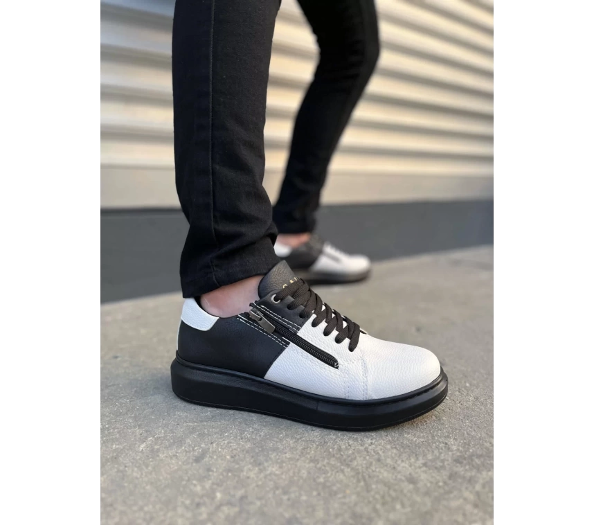 JY155 Warrior Bağcıklı ve Fermuarlı Cilt Erkek Günlük Sneaker Ayakkabı CST - Siyah/Beyaz