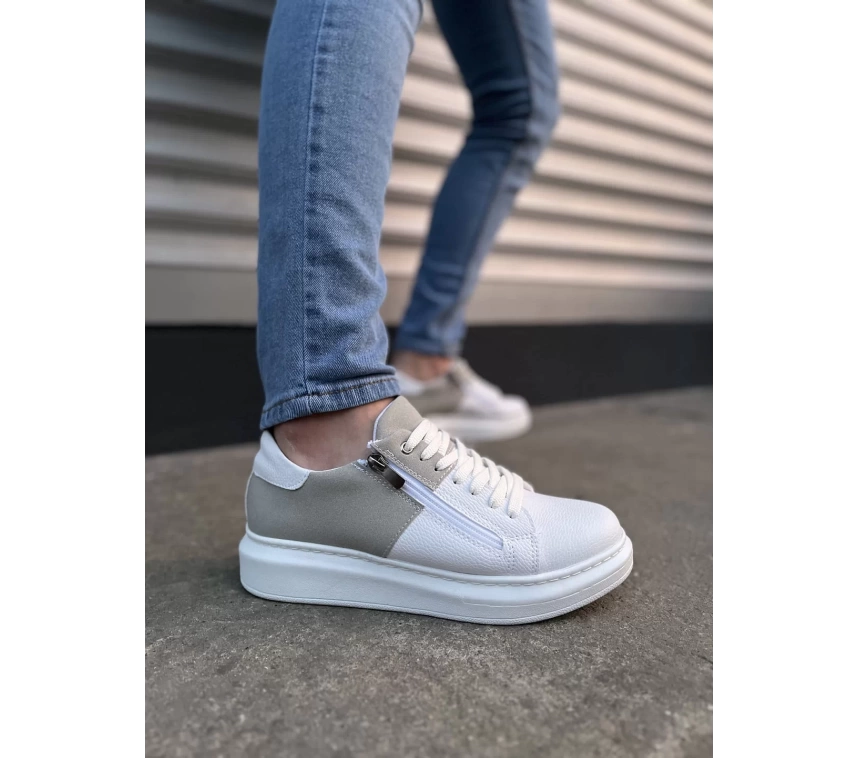 JY155 Warrior Bağcıklı ve Fermuarlı Cilt Süet Erkek Günlük Sneaker Ayakkabı CSBT - Beyaz/Gri