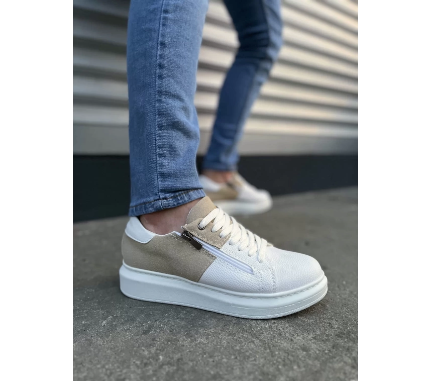 JY155 Warrior Bağcıklı ve Fermuarlı Cilt Süet Erkek Günlük Sneaker Ayakkabı CSBT - Beyaz/Krem
