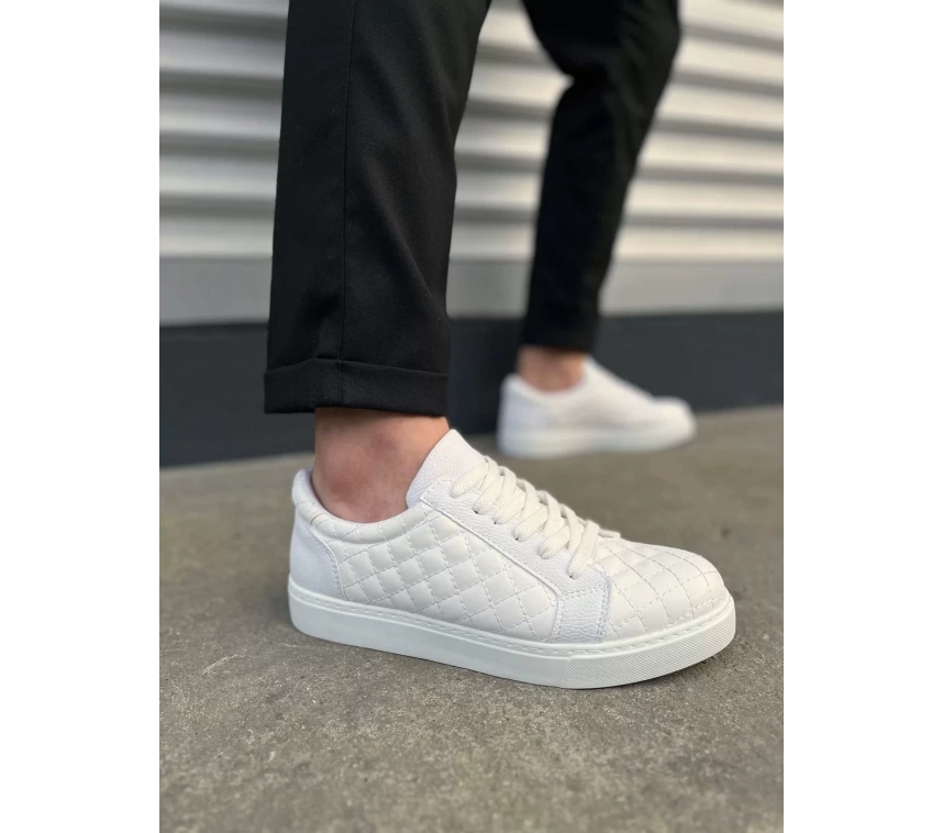 JY166 Prestige Bağcıklı Cilt Kapitone Desenli Erkek Günlük Sneaker Ayakkabı CBT - Beyaz