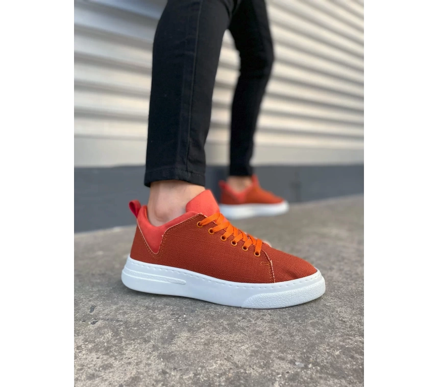 JY204 Flex Bağcıklı Keten Kumaş Erkek Günlük Sneaker Ayakkabı KBT - Turuncu
