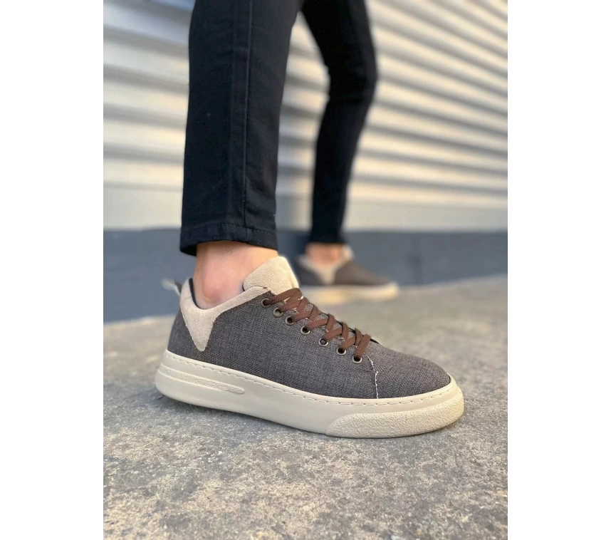 JY204 Flex Bağcıklı Keten Kumaş Erkek Günlük Sneaker Ayakkabı KKT - Kahverengi/Krem