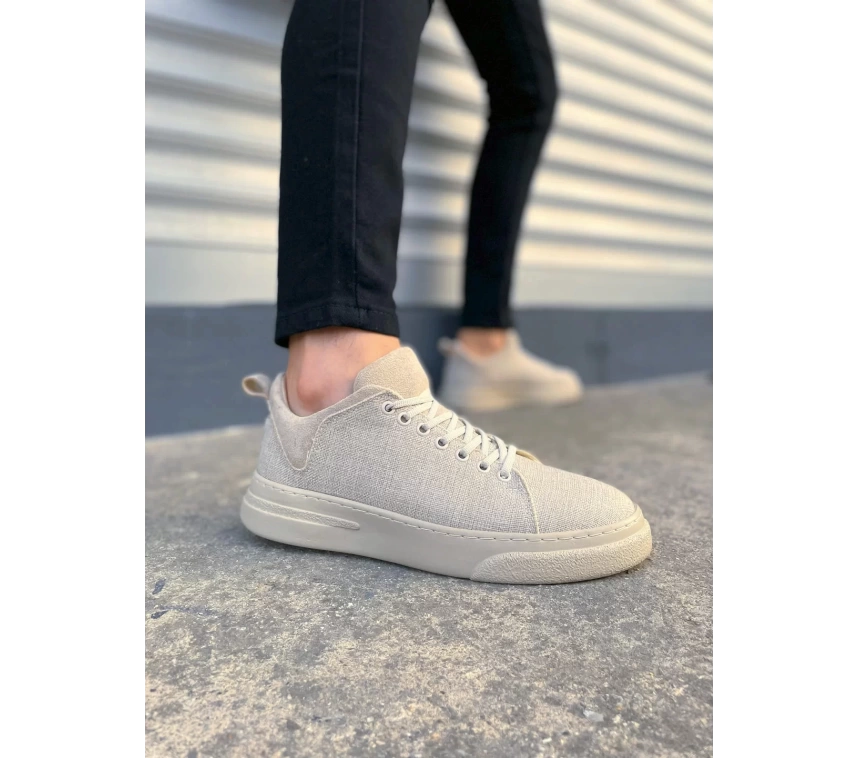 JY204 Flex Bağcıklı Keten Kumaş Erkek Günlük Sneaker Ayakkabı KKT - Krem