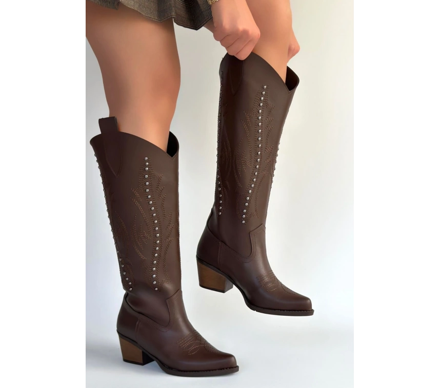 Meof Acı Kahve Cilt Topuklu Çizme