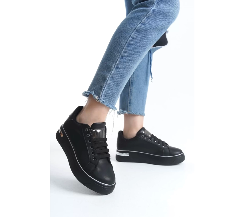 MINA Bağcıklı Ortopedik Taban Kadın Sneaker Spor Ayakkabı  ST - Siyah/Gümüş