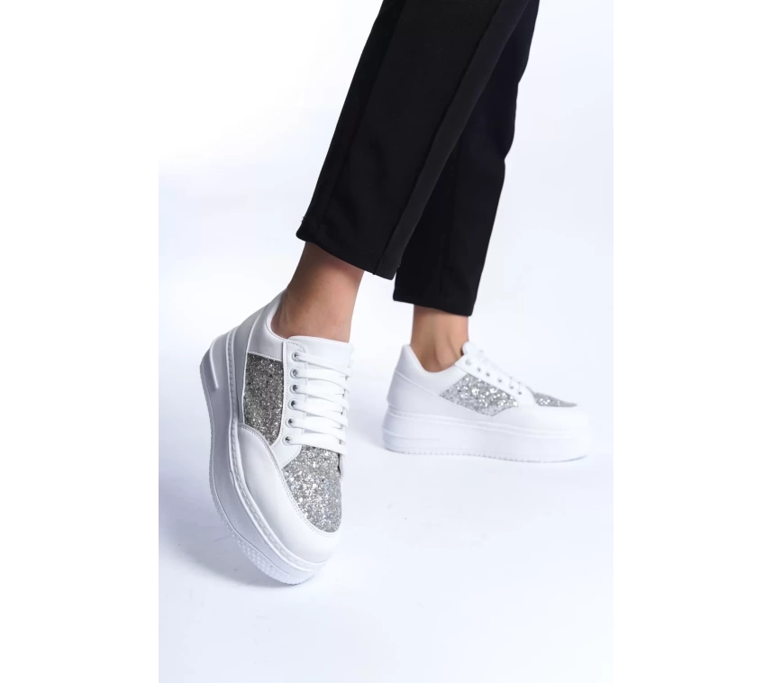 MIPA Bağcıklı Ortopedik Taban Simli Kadın Sneaker Spor Ayakkabı  BT - Beyaz
