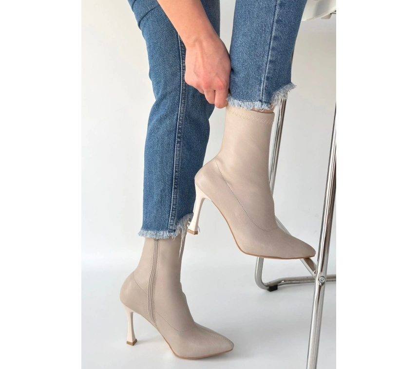 Orjen Bej Cilt Streç Topuklu Bot