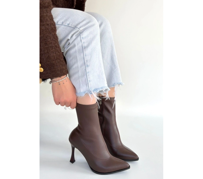 Orjen Kahverengi Cilt Streç Topuklu Bot