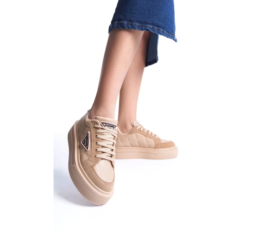 PRAG Bağcıklı Ortopedik Taban Desenli Kadın Sneaker Spor Ayakkabı TT - Ten