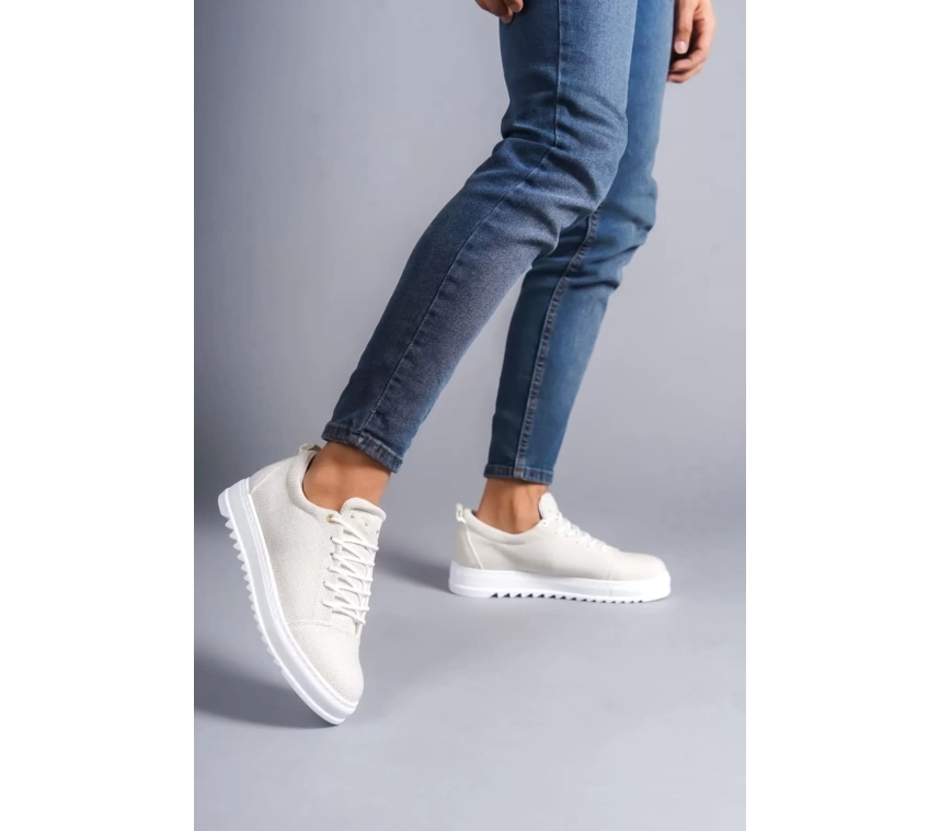 SLW152 Cool Bağcıklı Keten Erkek Günlük Spor Klasik Ayakkabı KBT - Beyaz