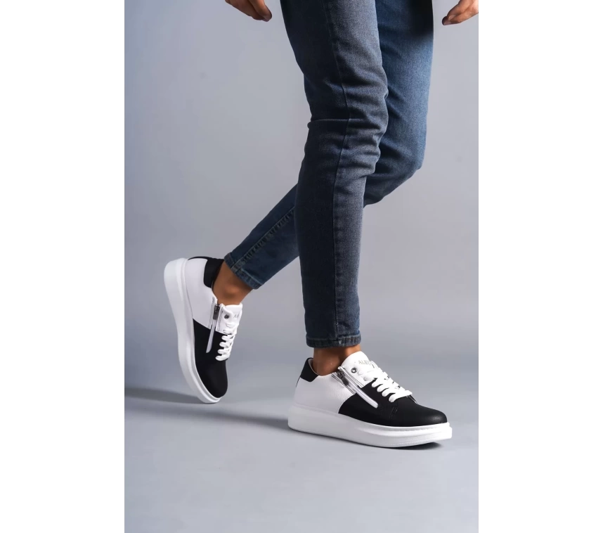 SLW155 Warrior Bağcıklı ve Fermuarlı Cilt Erkek Günlük Sneaker Ayakkabı CBT - Beyaz/Siyah