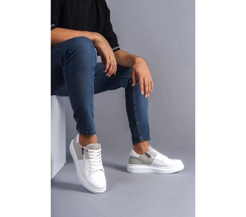 SLW155 Warrior Bağcıklı ve Fermuarlı Cilt Süet Erkek Günlük Sneaker Ayakkabı CSBT - Beyaz/Gri