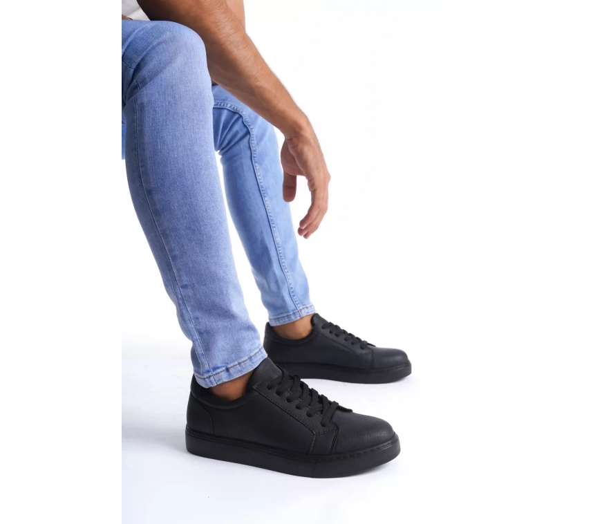 SLW165 Elite Bağcıklı Cilt Erkek Günlük Sneaker Ayakkabı CST - Siyah