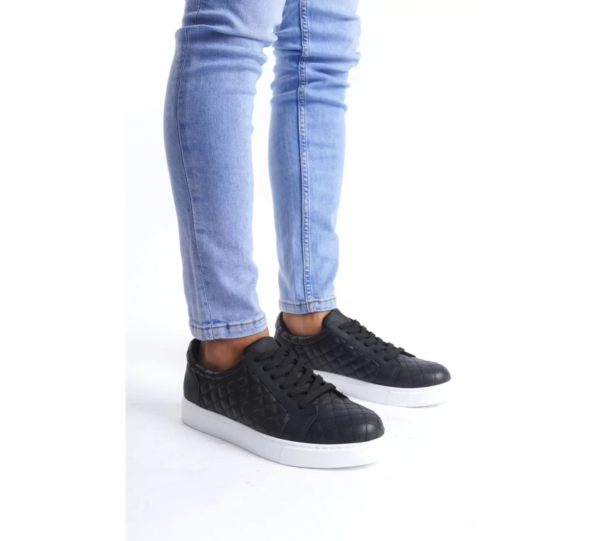 SLW166 Prestige Bağcıklı Cilt Kapitone Desenli Erkek Günlük Sneaker Ayakkabı CBT - Siyah