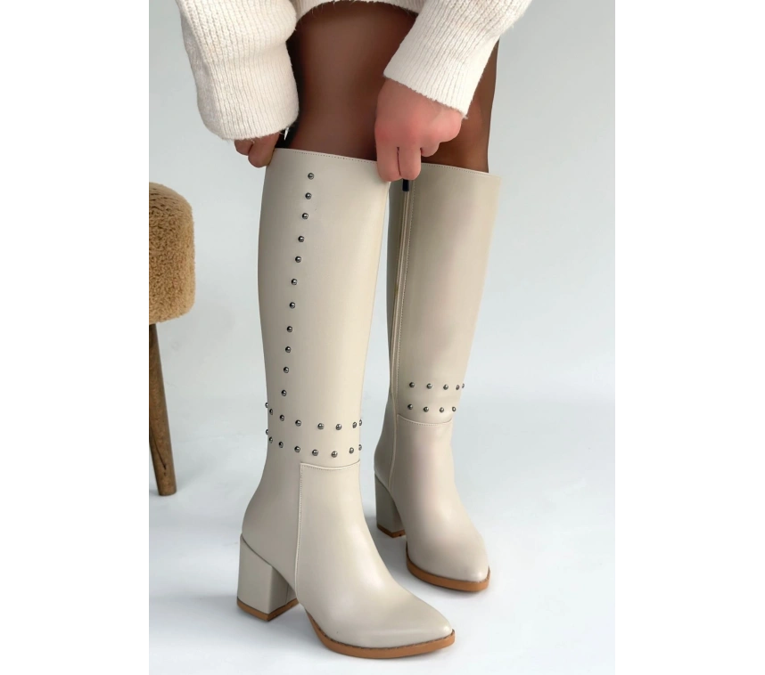 Tiyan Bej Cilt Topuklu Çizme