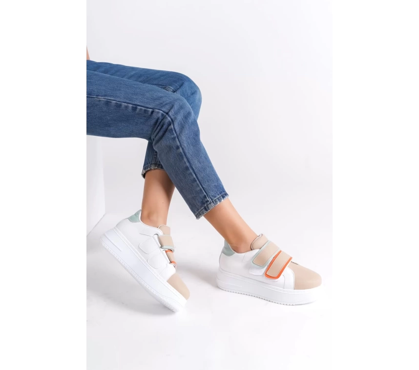 VALENCIA Bağcıksız Cırt Cırtlı Ortopedik Taban Kadın Sneaker Spor Ayakkabı BT - Beyaz/Ten/Mavi