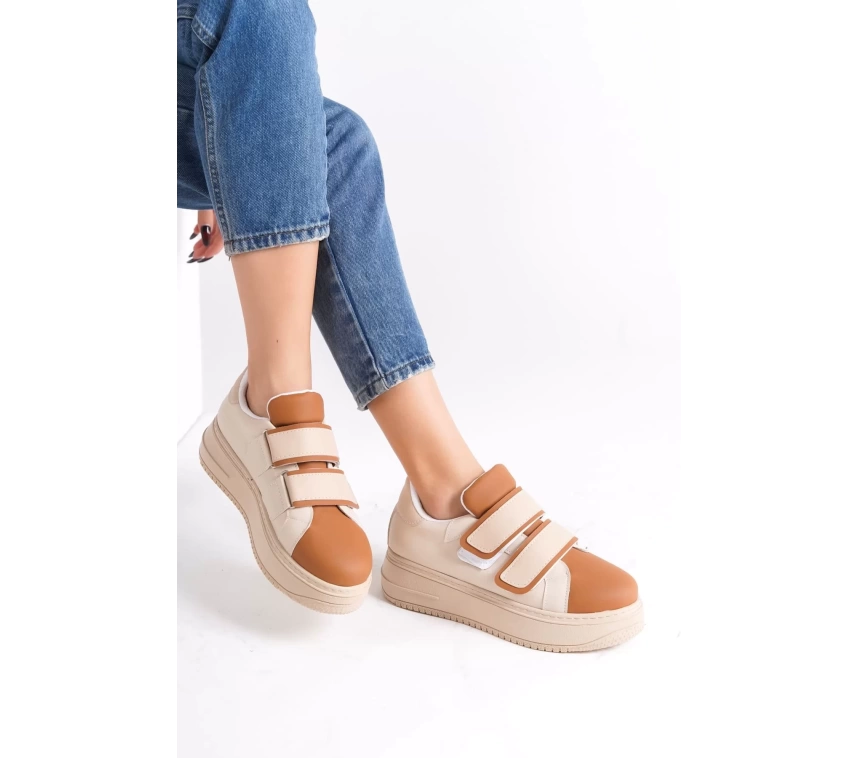 VALENCIA Bağcıksız Cırt Cırtlı Ortopedik Taban Kadın Sneaker Spor Ayakkabı TT - Ten/Kahve