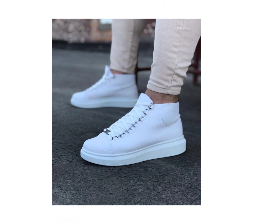 WG032 Beyaz Bağcıklı Sneakers  Yarım Bilek Bot