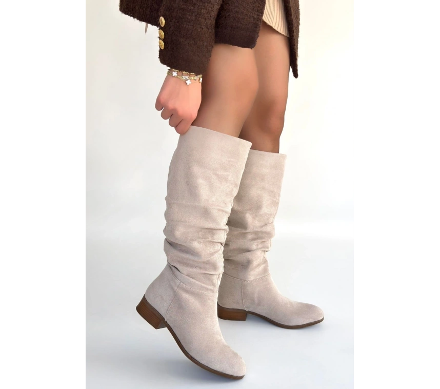 Winda Bej Süet Körüklü Topuklu Çizme