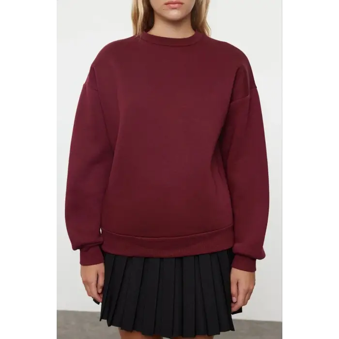 3 iplik şardonlu bisiklet yaka sweatshirt bordo