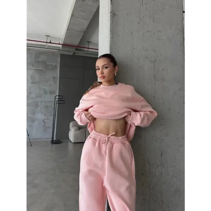 3 iplik şardonlu Lastik paça eşofman pembe p510439