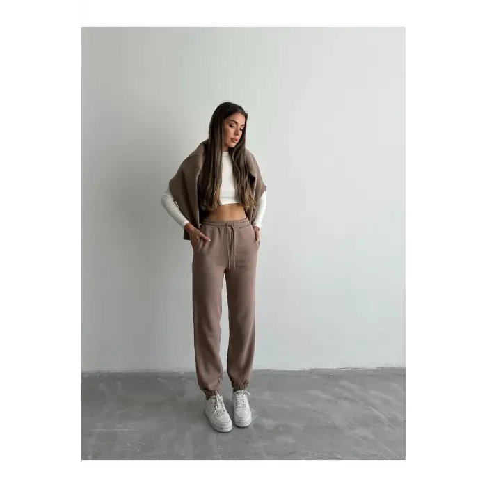 3 iplik şardonlu paça lastikli eşofman vizon is001