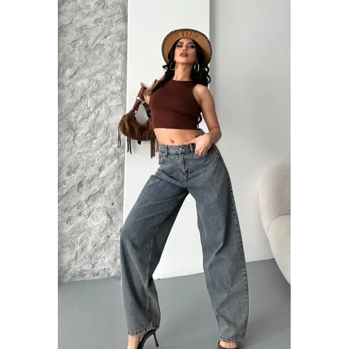 Baggy kar yıkama eskitme kahve jeans pantolon d2007