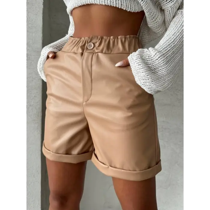 Beli lastikli duble paça deri şort bej w24755