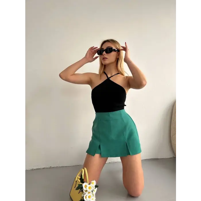 Çift yırtmaçlı atlas şort etek yeşil s240364