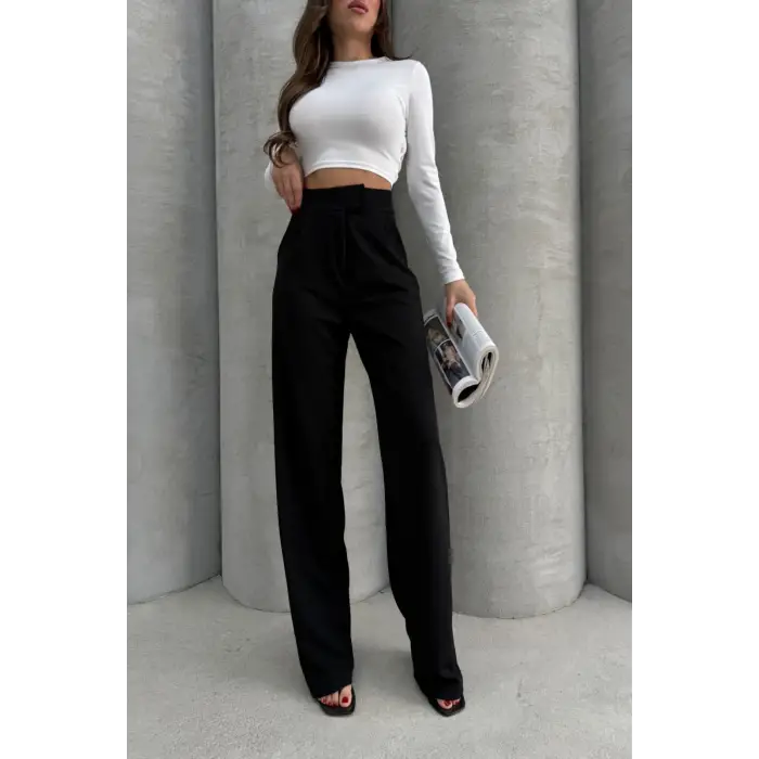 Cırtlı pantolon krep siyah pt