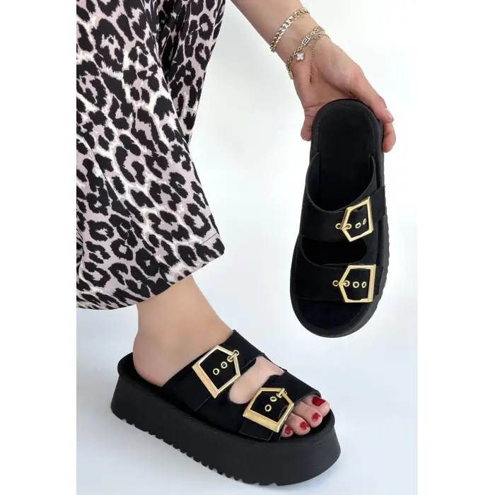 Coer Siyah Süet Çift Tokalı Terlik